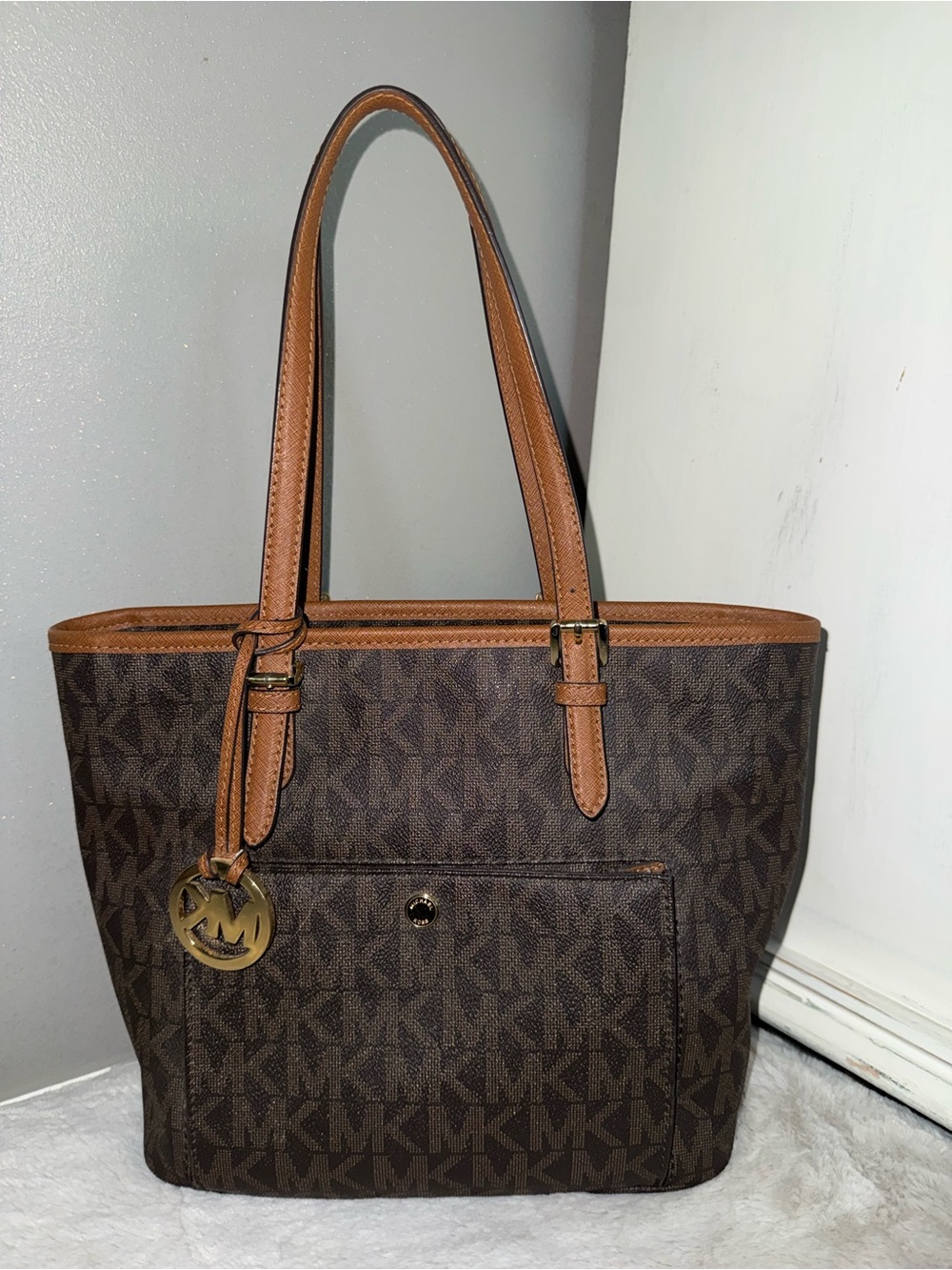 Michael Kors Brown MK Logo Tote with Tan Trim